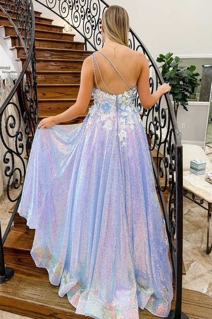 Azaria | Lilafarbenes langes Abendkleid mit One-Shoulder-Träger und 3D-Blumen