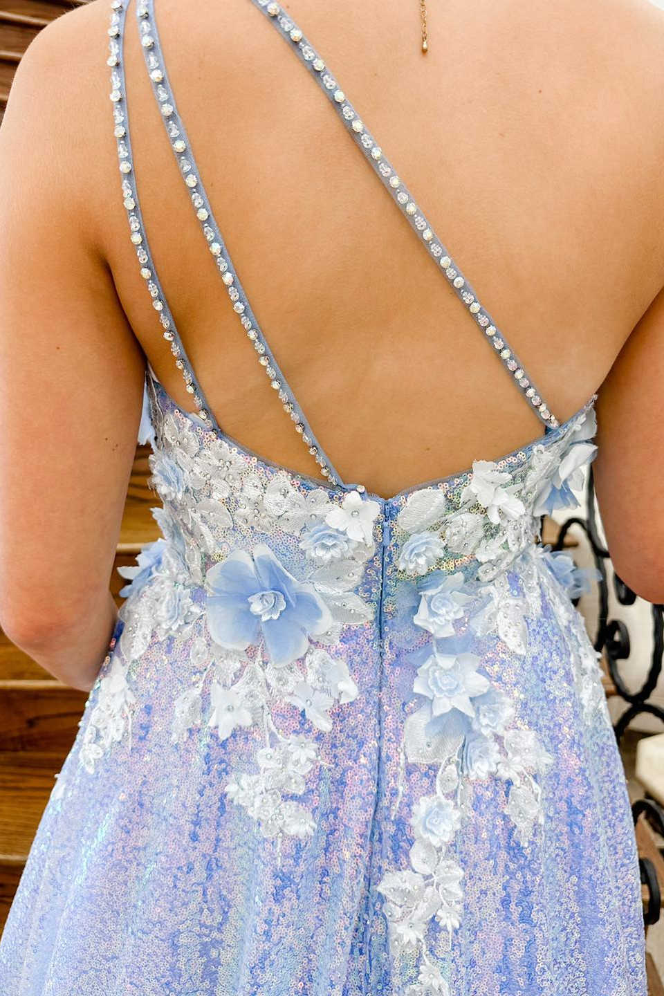 Azaria | Lilafarbenes langes Abendkleid mit One-Shoulder-Träger und 3D-Blumen