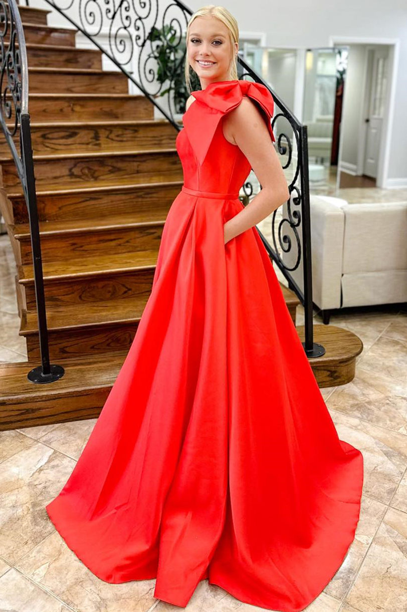 Aliya | Vestido de fiesta rojo de satén con un hombro al descubierto, lazo y bolsillos