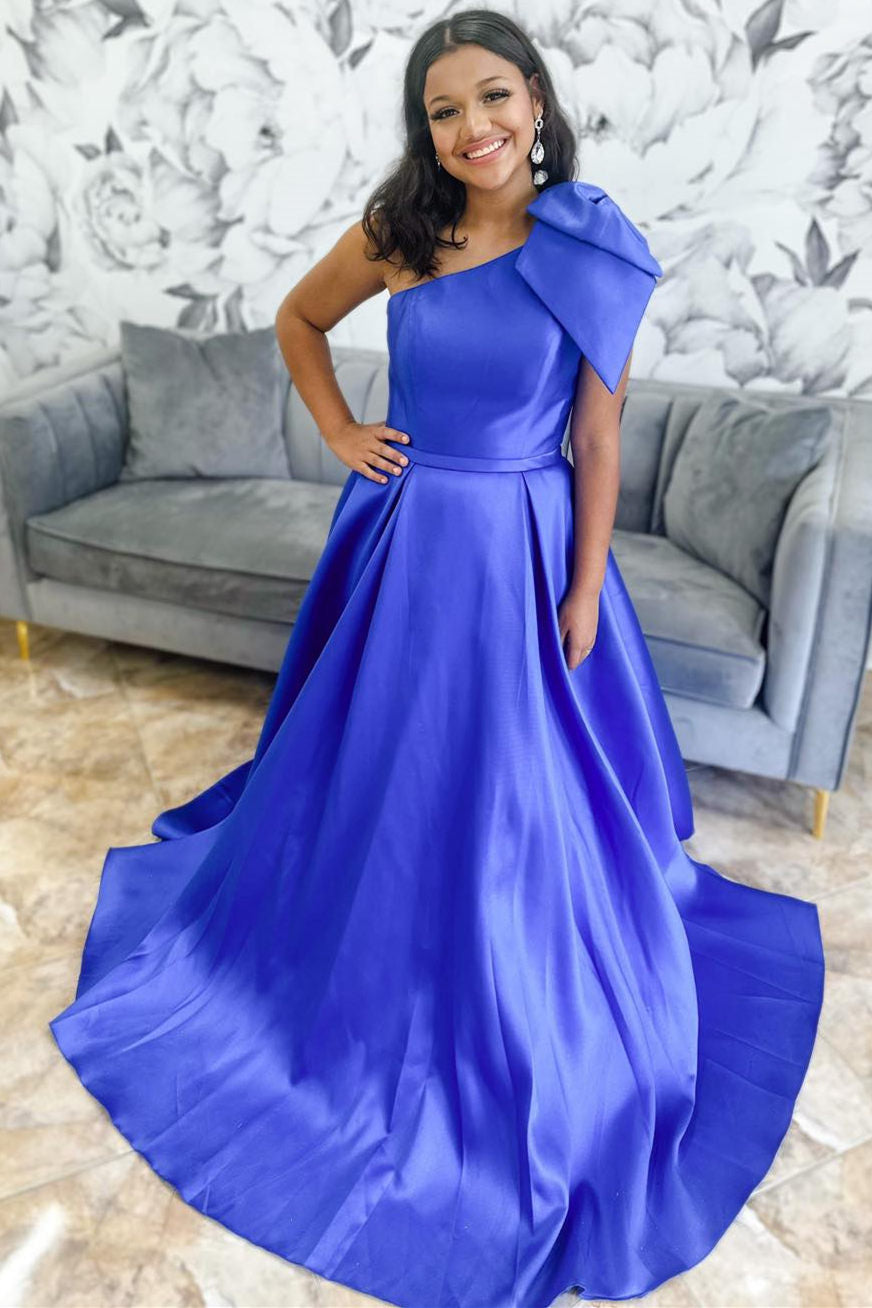Aliya | Rotes One-Shoulder-Ballkleid aus Satin mit Fliege und Taschen
