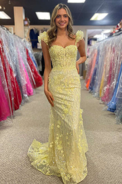 Mckinley | Gelbes, langes Ballkleid im Meerjungfrauen-Stil mit Rüschenträgern und 3D-Blumen