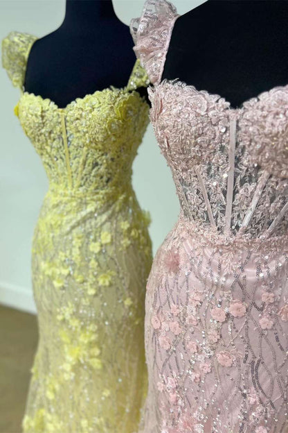 Mckinley | Gelbes, langes Ballkleid im Meerjungfrauen-Stil mit Rüschenträgern und 3D-Blumen