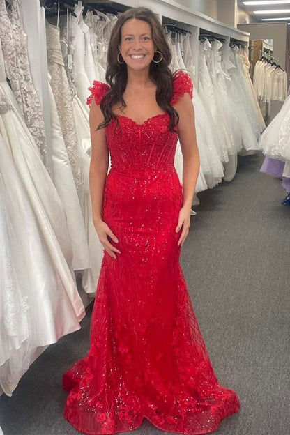 Mckinley | Gelbes, langes Ballkleid im Meerjungfrauen-Stil mit Rüschenträgern und 3D-Blumen