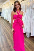 Siena | Magentafarbenes Neckholder-Kleid mit Cut-Outs und Rüschen