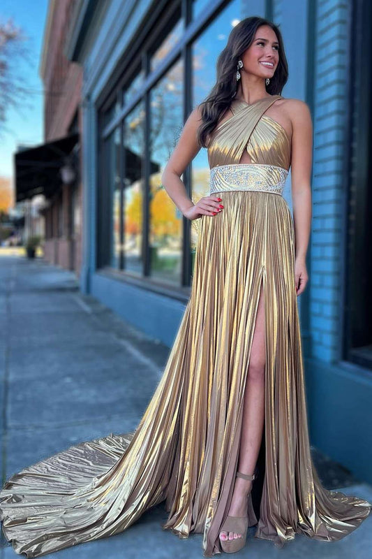 Macy | Vestido de fiesta largo metalizado con tirantes cruzados y plisado