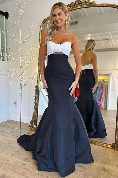 Julie | Trägerloses, weiß-schwarzes, gerüschtes Meerjungfrauen-Ballkleid