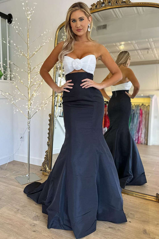 Julie | Trägerloses, weiß-schwarzes, gerüschtes Meerjungfrauen-Ballkleid