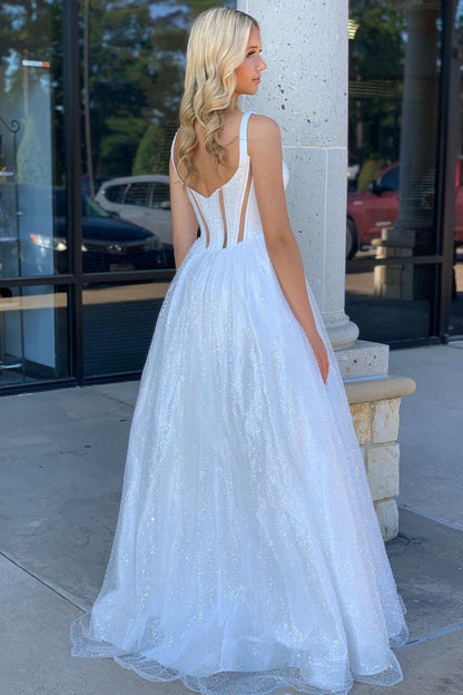 Priscilla | Weißes A-Linien-Ballkleid mit quadratischem Ausschnitt und Pailletten