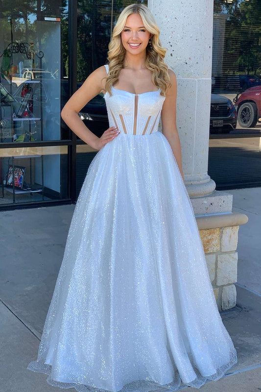 Priscilla | Weißes A-Linien-Ballkleid mit quadratischem Ausschnitt und Pailletten