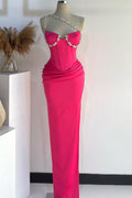 Raina | Vestidos de fiesta largos plisados ​​con un solo hombro y pedrería en rosa intenso