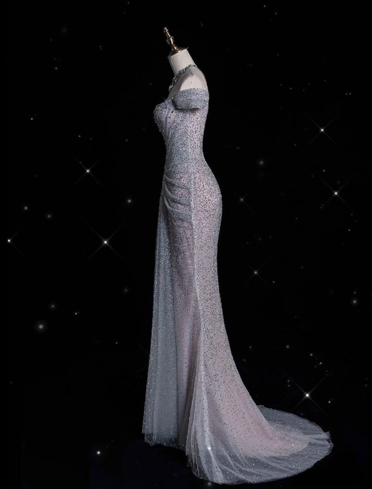 Glitzerndes lila Tüll-Meerjungfrau-Abendkleid mit Perlen, schulterfrei, langes Ballkleid Y8054
