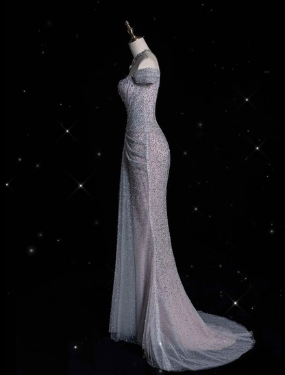 Glitzerndes lila Tüll-Meerjungfrau-Abendkleid mit Perlen, schulterfrei, langes Ballkleid Y8054
