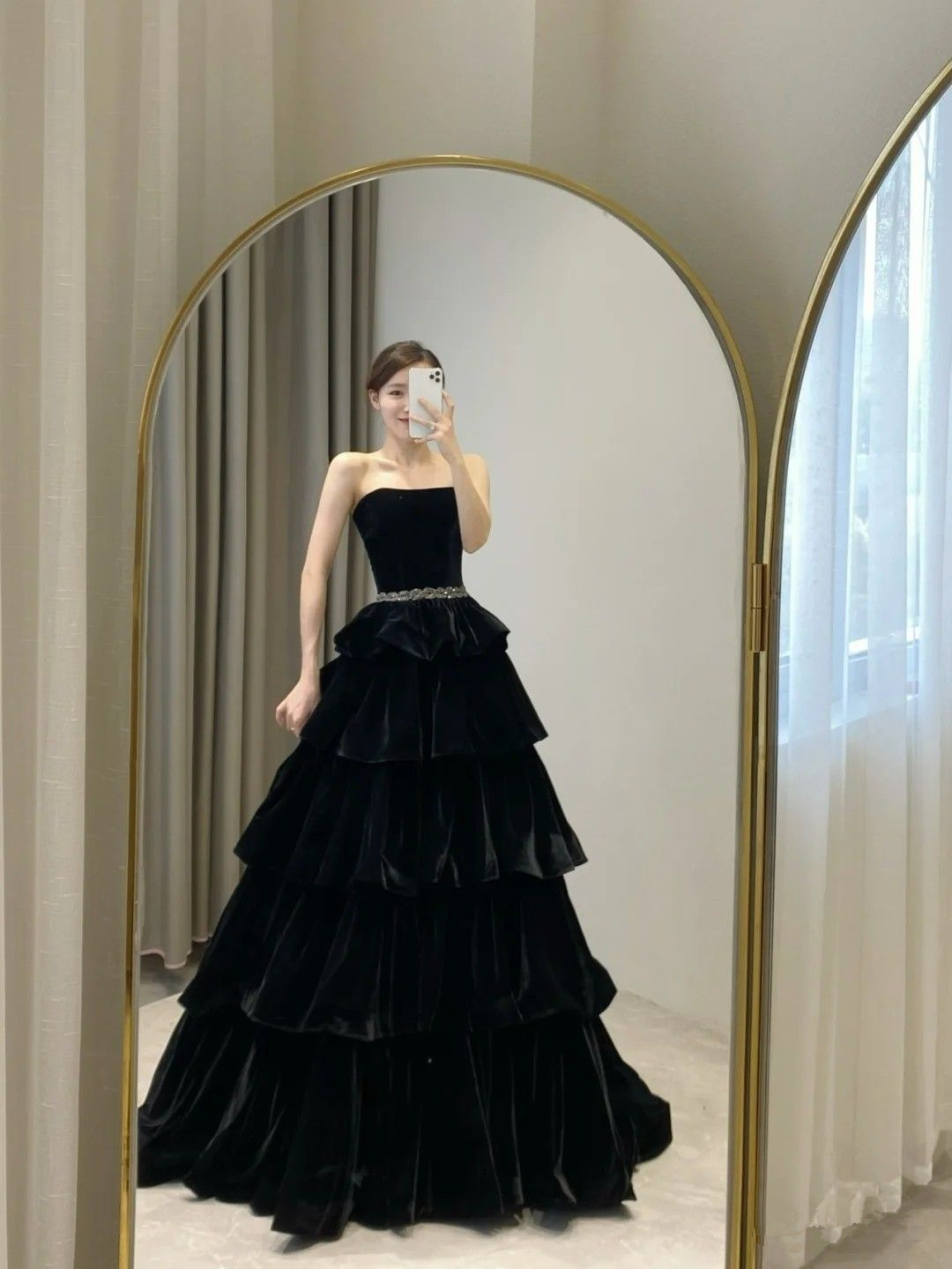 Chic Black A-line Layered Evening Dress Black Strapless Evening Gown Y4378