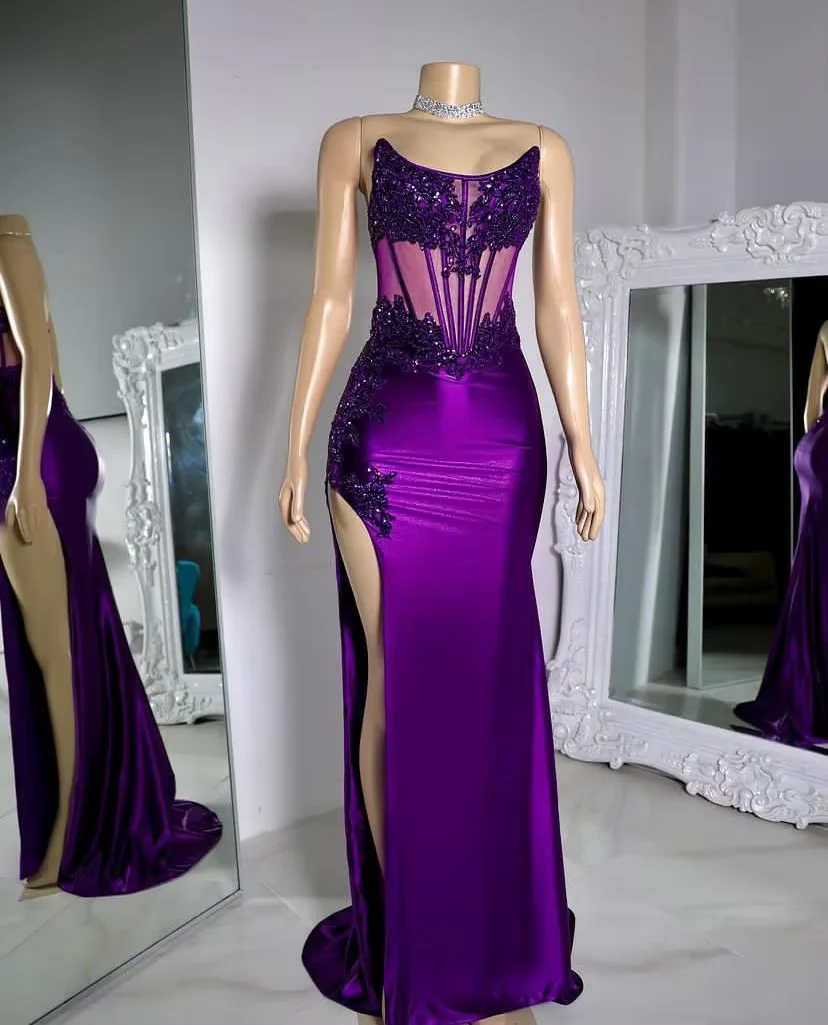 Vestido de fiesta de graduación con apliques de encaje y satén morado sin tirantes, vestido de noche sexy de corte sirena con abertura Y8121