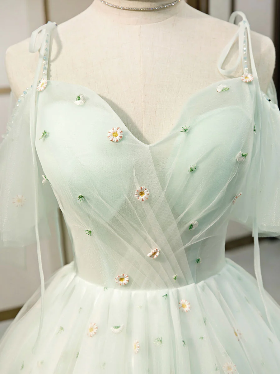 Vestidos cortos de tul con escote corazón, sencillos y abullonados, color verde, para el regreso a casa Y2409