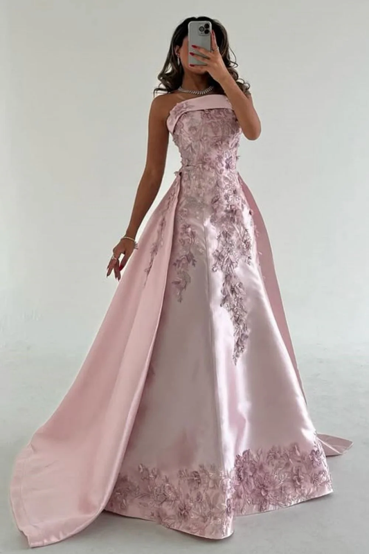 Hermoso vestido de noche rosa sin tirantes de satén con apliques, vestido formal de fiesta Y8427
