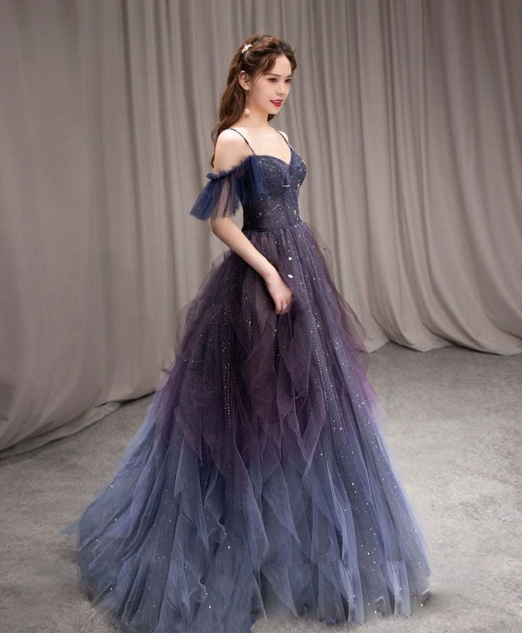 Vestido de fiesta largo de tul morado con cielo estrellado oscuro, vestido de noche morado Y5847