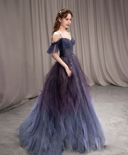Vestido de fiesta largo de tul morado con cielo estrellado oscuro, vestido de noche morado Y5847