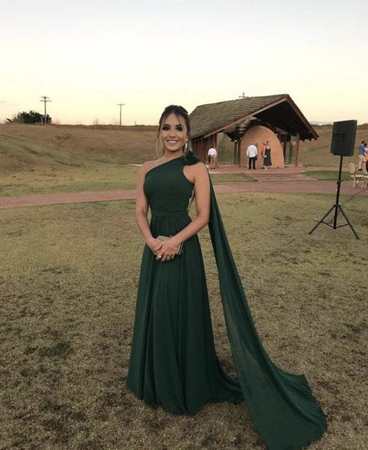 Vestido de noche de gasa verde con un solo hombro Y5774