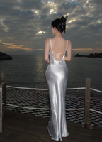 Schlichtes rückenfreies langes Ball- und Abendkleid aus weißem Satin Y7841