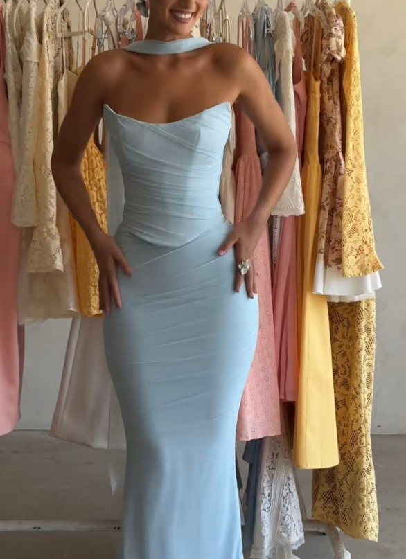 Vestido de fiesta de sirena de gasa azul sin tirantes, sexy, Y8175