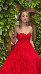 Elegante vestido de fiesta de encaje rojo con escote corazón, abertura lateral, cintura alta, corte A, vestido formal de noche para boda Y4909