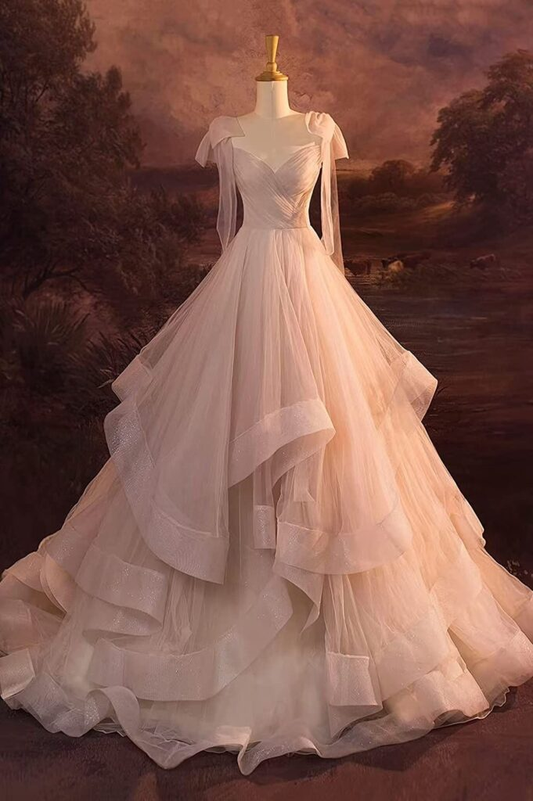 Vestido de fiesta de tul rosa claro con lentejuelas y capas, vestido de noche Y8389