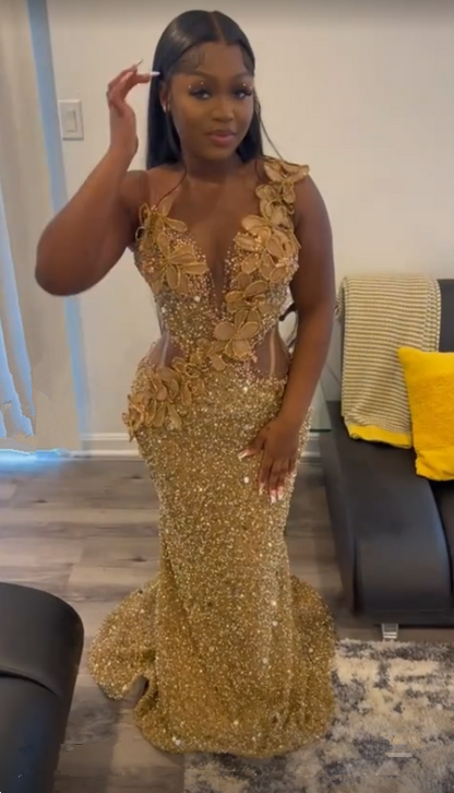 Luxuriöses Abendkleid mit goldenen Pailletten und Applikationen im Meerjungfrau-Stil, Y7880