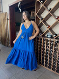 Elegante vestido de noche azul con escote en V y corte A Y7751