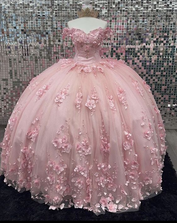 Rosa Off Schulter Ballkleid Quinceanera Kleider 3D Applikationen Korsett Kleid Y6791