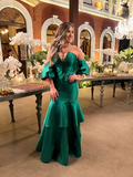 Elegante vestido de noche de sirena de satén verde. Vestido formal verde Y6188.