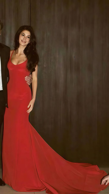 Schlichtes rotes Meerjungfrau-Abschlussballkleid mit Spaghettiträgern, formelles Abendkleid Y7902