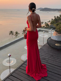 Sexy rückenfreies rotes Meerjungfrau-Abendkleid, langes Ballkleid Y7865