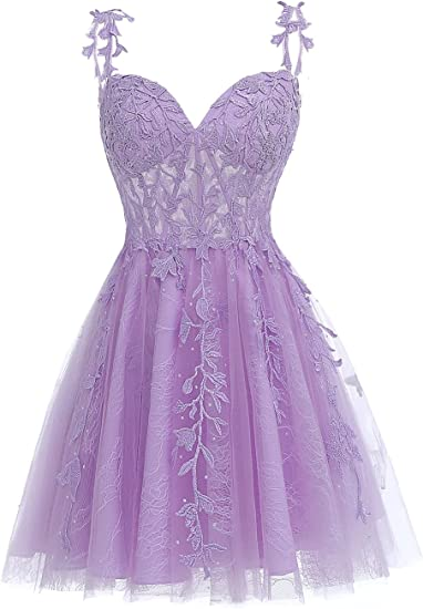 Lila Blumen Tüll Kurzes Homecoming Kleid mit Spitze Strass Applikationen Y857