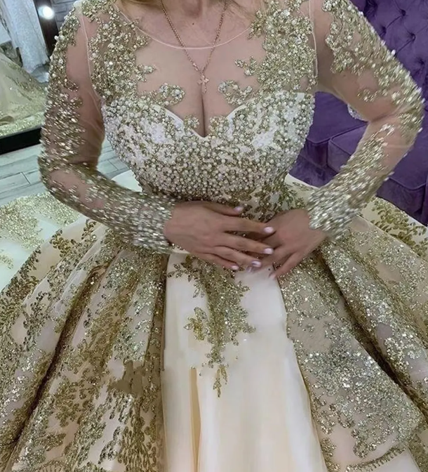Vestidos de quinceañera con volantes color champán, apliques de lentejuelas y cuentas, manga larga, vestido formal de princesa para fiesta de graduación Y4952