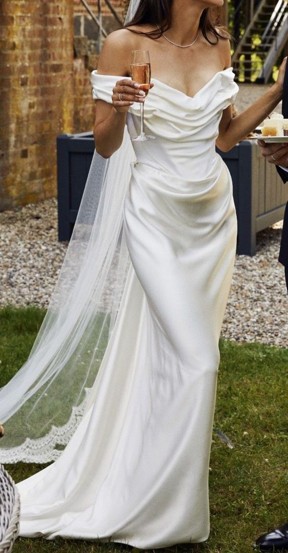 Vestido de novia blanco elegante con hombros descubiertos y corte sirena, vestido de noche formal para graduación Y8012