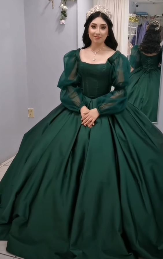 Vintage Grünes Ballkleid mit langen Ärmeln, Outfit zum 18. Geburtstag Y7167