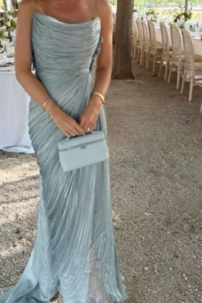 Vestido de noche plisado de tul azul con tirantes finos, elegante vestido de fiesta Y8195