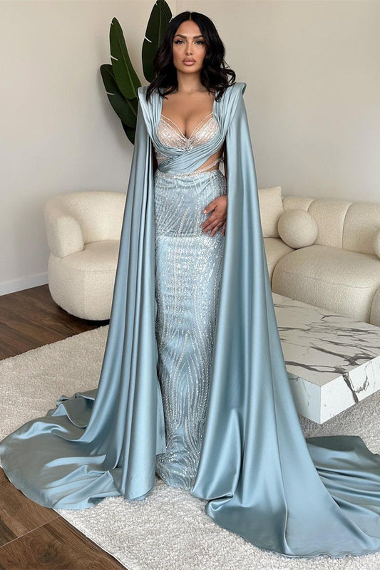 Fabelhaftes langes blaues Meerjungfrau-Ballkleid mit V-Ausschnitt und Pailletten