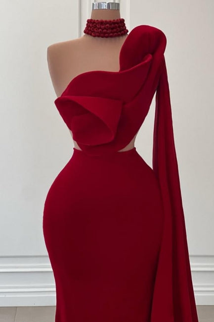 Fabelhaftes langes burgunderrotes One-Shoulder-Meerjungfrauen-Ballkleid ohne Ärmel mit Rüschen