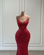 Fabuloso vestido de fiesta largo rojo de sirena con escote en V y lentejuelas, sin mangas