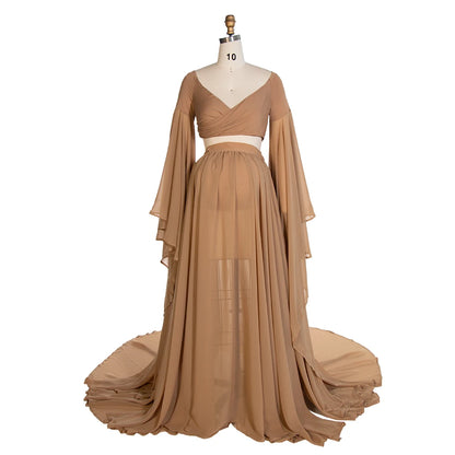 Fall Maternity Dress for Pictures Ruffled Sleeves Maternity Long Train Dress Boho Dress for Photohoot SY243111