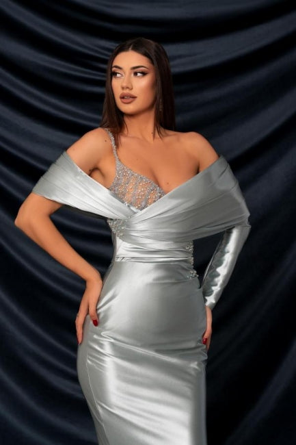 Modisches, langes, silbernes Meerjungfrau-Abendkleid mit schulterfreier Spitze und langen Ärmeln