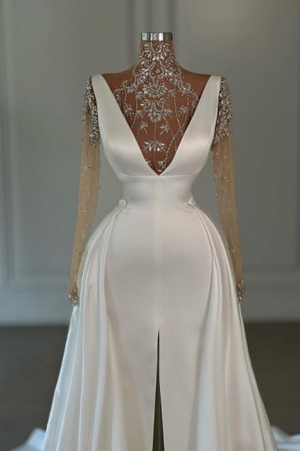 Modisches langes weißes A-Linien-Ballkleid mit hohem Halsausschnitt, Spitze, Glitzer, Schlitz vorne und langen Ärmeln