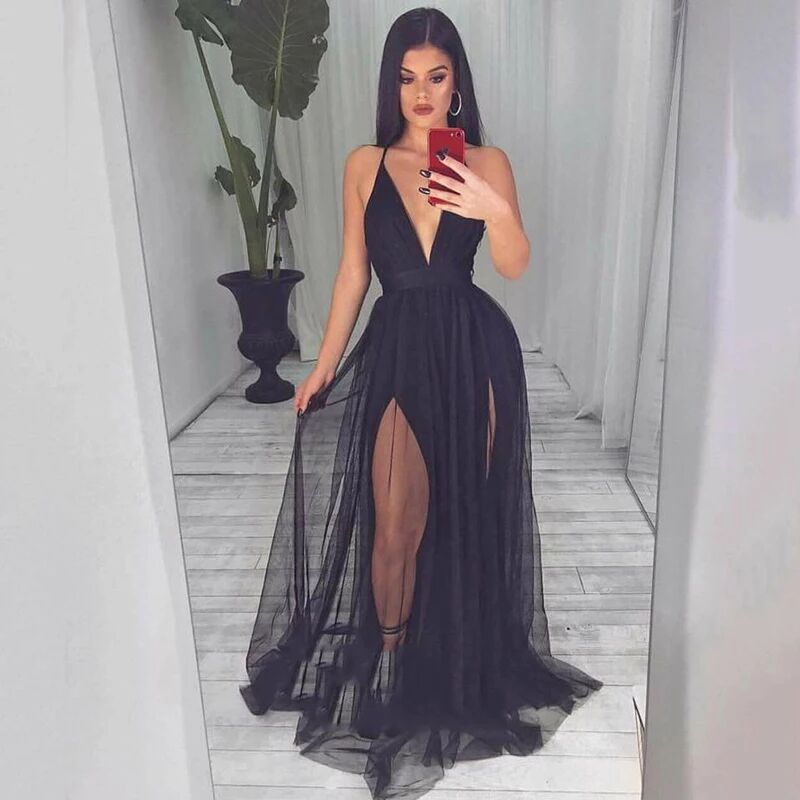 V Neck Sexy Backless Spaghetti Strap Slutty Prom Dresses SYP169