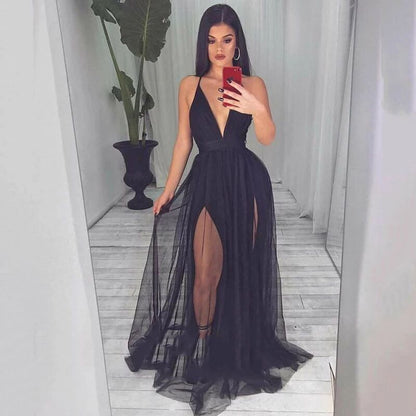 V Neck Sexy Backless Spaghetti Strap Slutty Prom Dresses SYP169