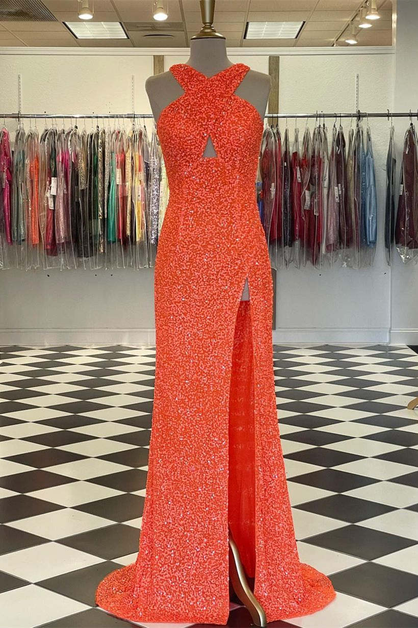 Oranges Ballkleid mit figurbetontem Criss-Cross-Ausschnitt und Schlitz SYP88
