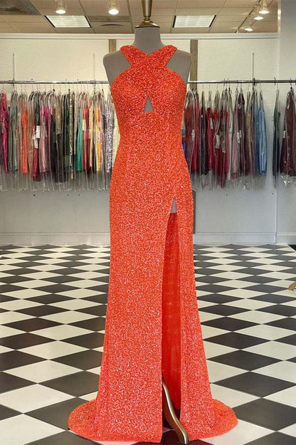 Oranges Ballkleid mit figurbetontem Criss-Cross-Ausschnitt und Schlitz SYP88