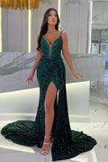 Floor-Length Dark Green Straps Sweetheart Column Split Front Prom Dresses with Sequins