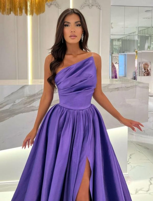 Vestido de fiesta largo hasta el suelo, corte A, un hombro, abertura frontal, sin mangas y con volantes